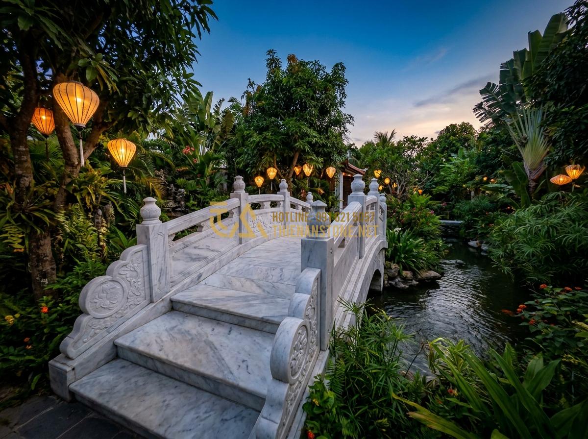 Tạo ảnh tiếng Anh: Cinematic wide angle shot of a traditional Vietnamese stone garden bridge with intricate carved railings made from natural basalt stone crossing a small stream in a lush backyard garden at dusk with warm lantern lights, realistic stone textures, vibrant greenery, peaceful and inviting atmosphere, professional photography style