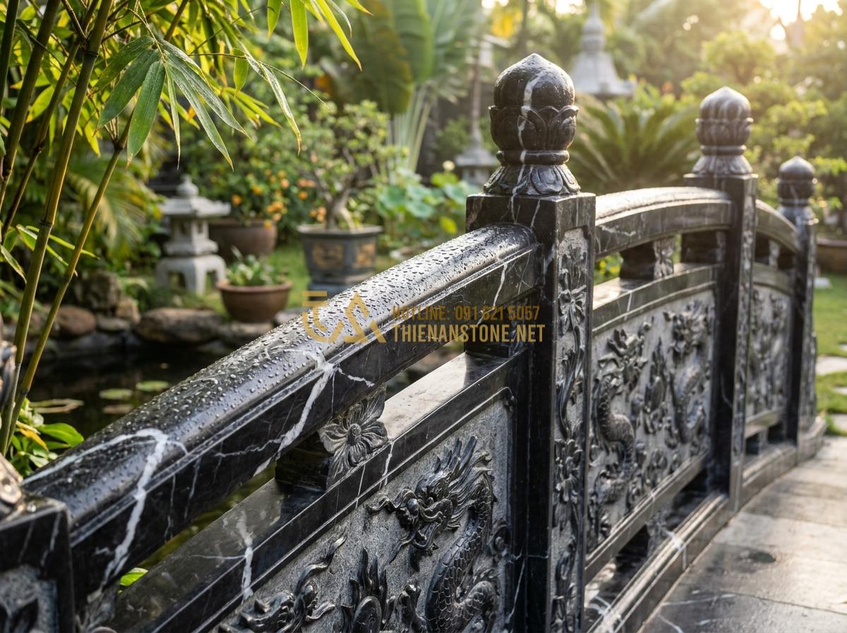 Tạo ảnh tiếng Anh: Detailed close-up professional photograph of hand-carved natural stone garden bridge details including intricate floral patterns and dragon motifs on railings, realistic stone grain texture, morning dew on surface, soft sunlight highlighting craftsmanship, high-end luxury garden setting, sharp focus and artistic composition