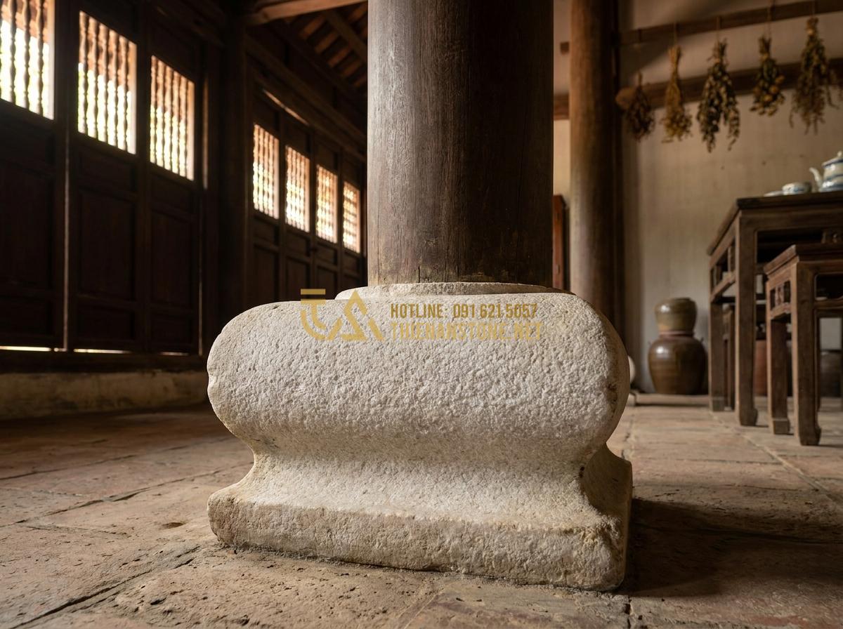 Create a professional high-resolution photograph of a traditional Vietnamese stone pedestal base (chân tảng đá) made from natural granite, placed under a wooden pillar in an ancient-style house interior, soft natural lighting from wooden windows, detailed stone grain texture visible, warm earthy tones, realistic photography style, 8k resolution, cinematic composition