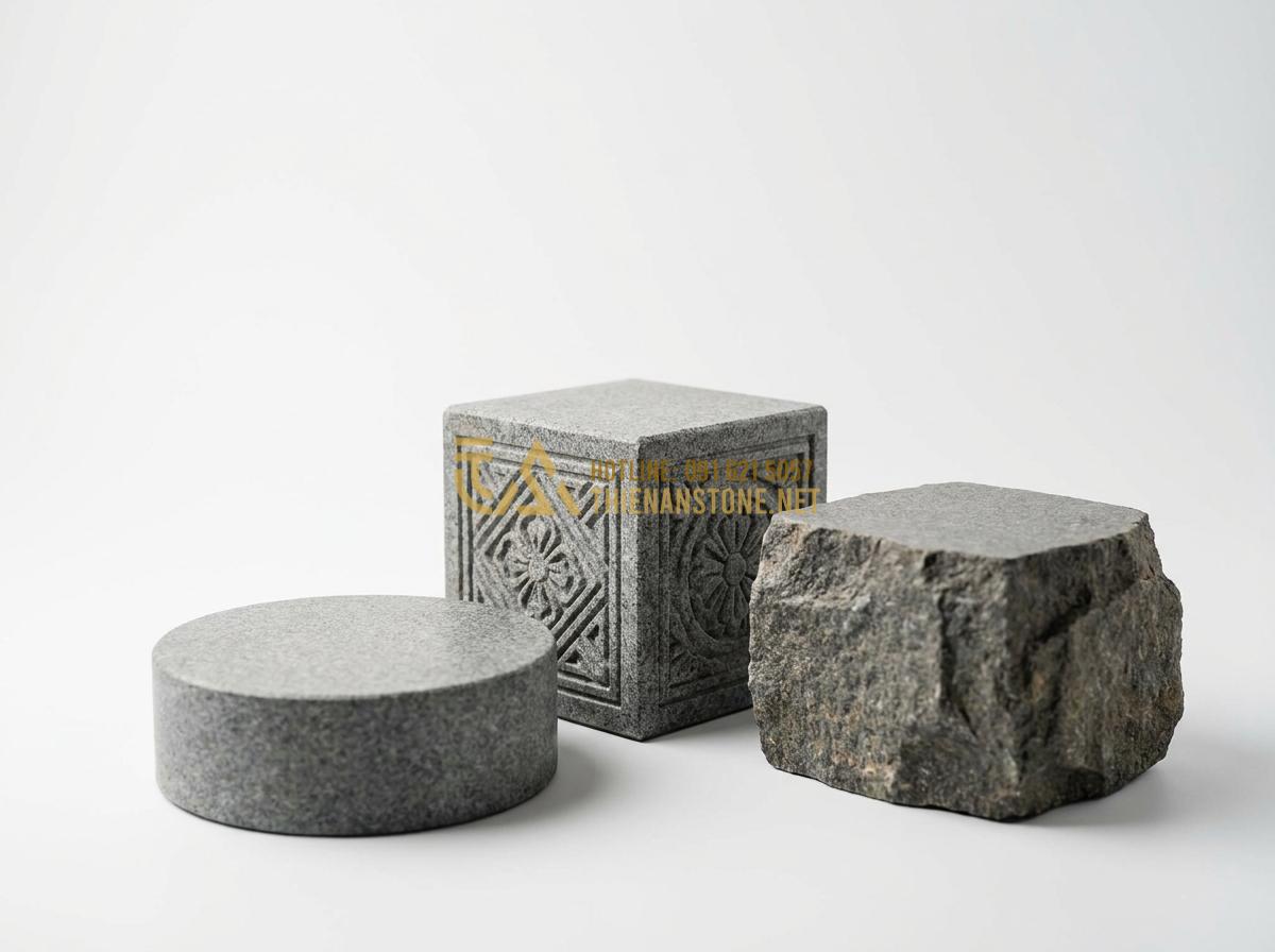Create a professional studio photograph showcasing three different types of natural stone pedestals (chân tảng đá): one round granite base, one square marble pedestal with carved patterns, and one basalt rock base, displayed on a clean white background with soft studio lighting, high detail on stone textures and edges, luxury product photography style, 8k resolution