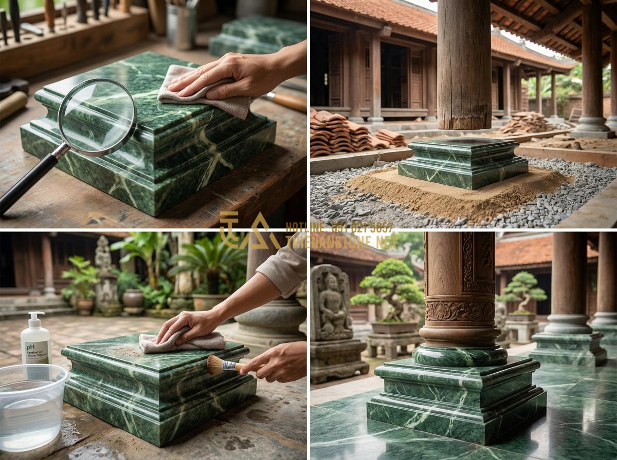 Create a step-by-step instructional infographic-style professional photograph series showing how to choose, install and maintain stone pedestals (chân tảng đá): close-ups of quality inspection, installation under pillar, cleaning process, arranged in a clean grid layout, clear lighting, educational product guide photography 8k