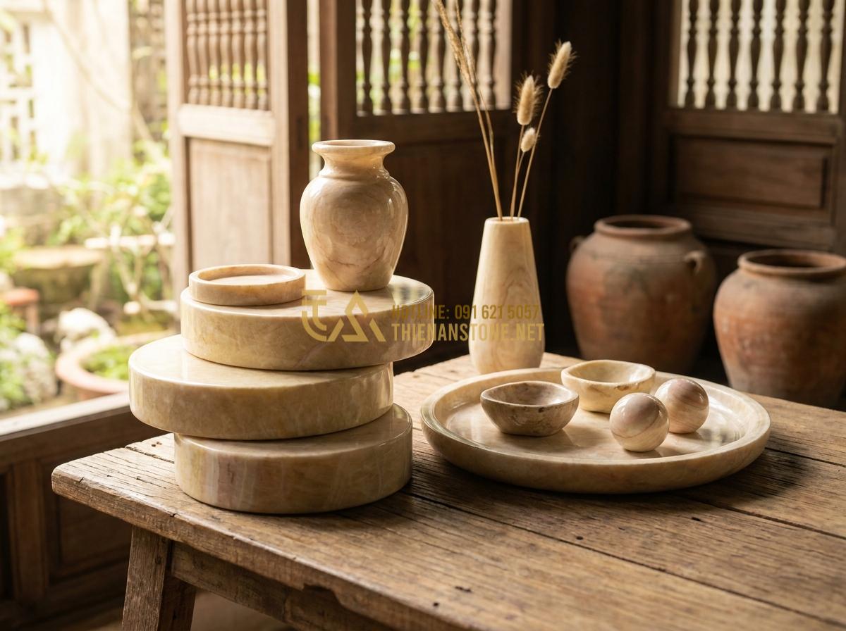 Create a beautiful product collage photograph featuring natural stone pedestals alongside other stone crafts like decorative stone vases and stone trays, arranged elegantly on a wooden table with soft natural light, luxury still life photography style, 8k ultra detailed