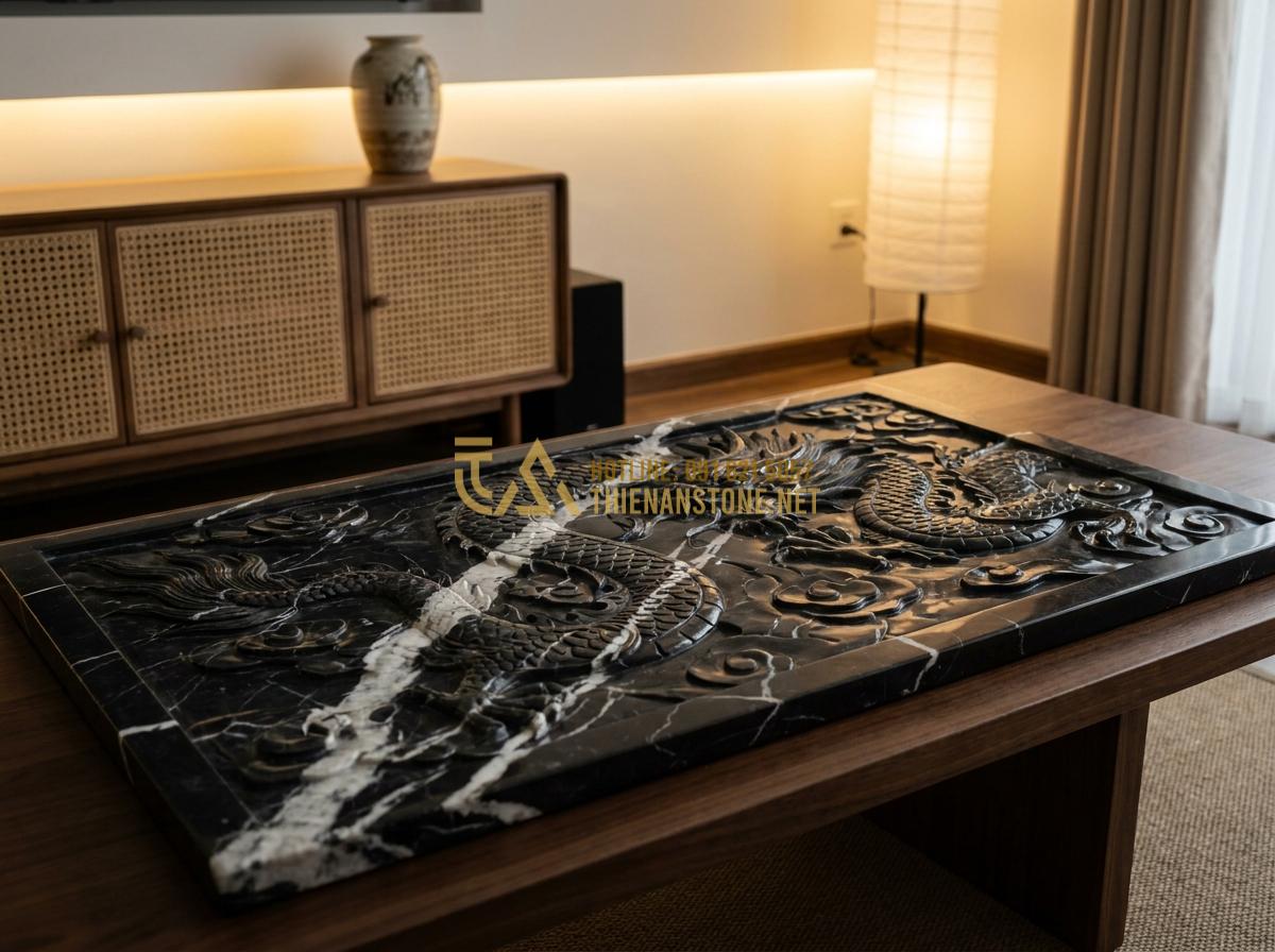 Tạo ảnh tiếng Anh: Elegant close-up view of a luxurious natural stone dragon mat featuring vivid carved dragon scales and clouds, displayed in a modern minimalist living room with wooden furniture, warm ambient lighting highlighting stone texture and intricate details, photorealistic, high-end interior design style, professional studio photography
