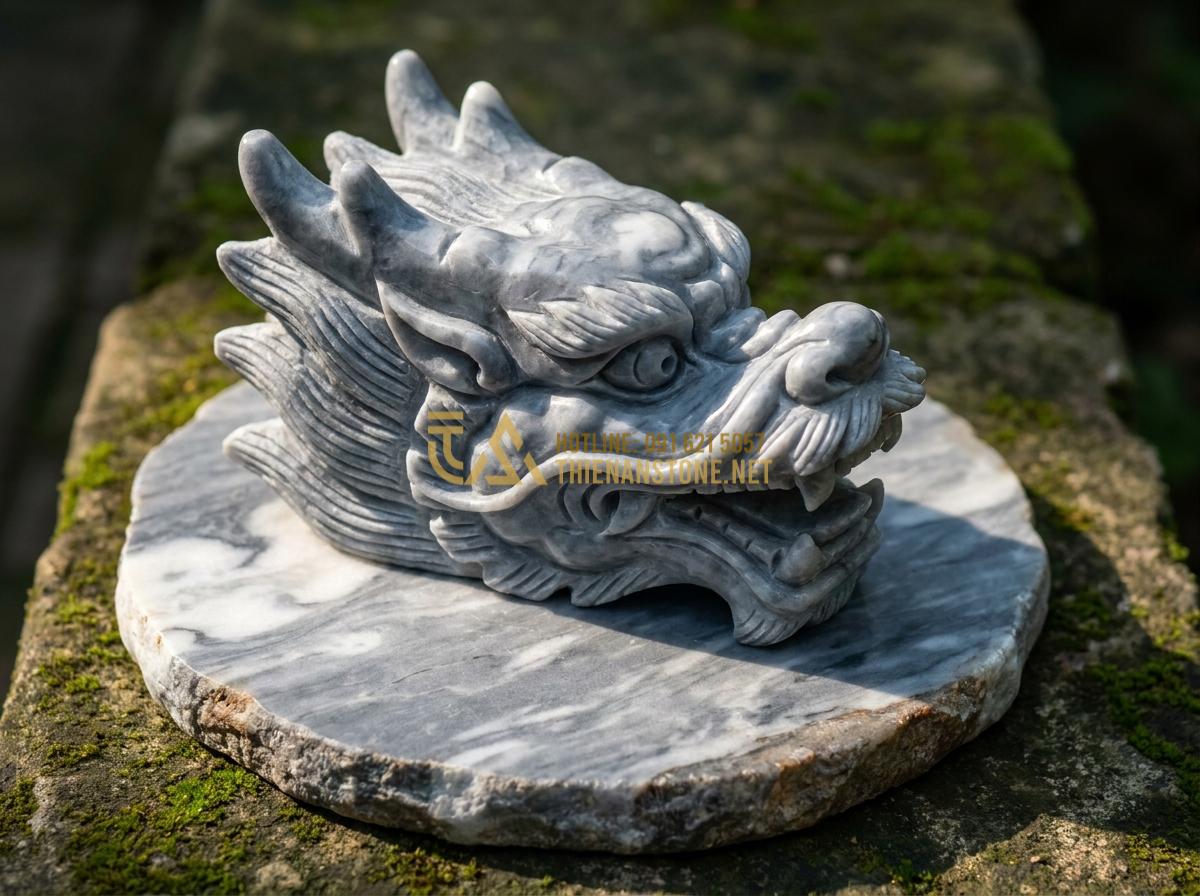 Tạo ảnh tiếng Anh: Detailed macro photography of the carved dragon head on a natural stone mat, showcasing fine chisel marks, polished stone surface with natural mineral veins, dramatic side lighting to emphasize 3D depth and texture, ultra realistic, artistic product photography style