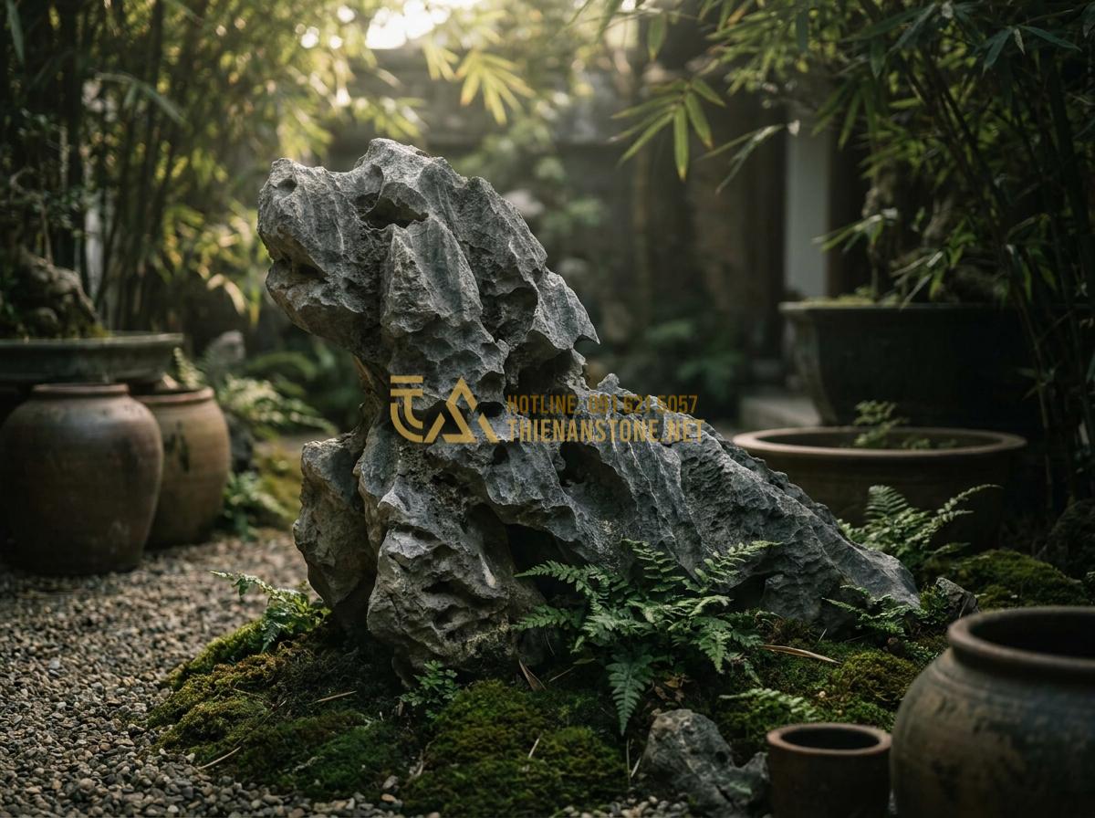 Tạo ảnh tiếng Anh: A high-quality close-up shot of gray mountain Tai Meo stone with sharp edges and intricate textures, placed in a traditional Vietnamese garden setting with moss and small ferns, cinematic lighting, 8k resolution.