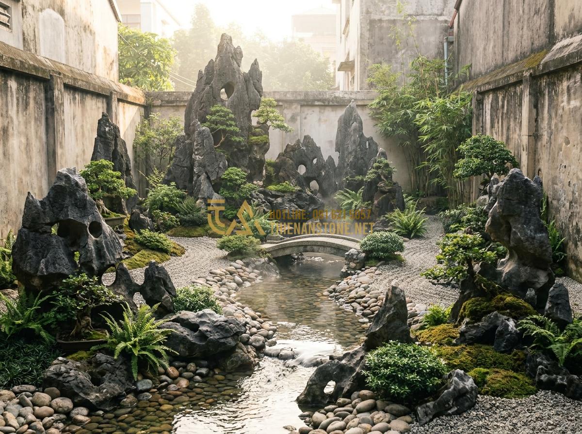 Tạo ảnh tiếng Anh: A majestic Zen garden featuring sharp Tai Meo rocks arranged as miniature mountains, a small stream flowing through, professional landscaping design, serene atmosphere, soft morning sunlight, 8k.