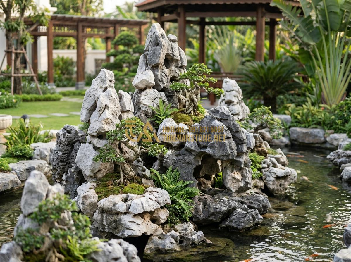 Tạo ảnh tiếng Anh: Professional construction of a miniature mountain (Hon Non Bo) using Tai Meo stones in a luxury villa backyard, workers meticulously placing the rocks, lush greenery around, 8k photorealistic.