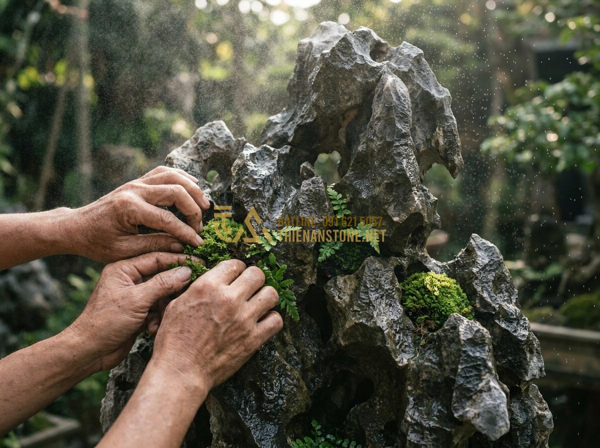 Tạo ảnh tiếng Anh: Close-up of hands planting small moss and ferns into the crevices of a Tai Meo rock formation, water misting in the air, detailed texture of the stone, high quality photography.