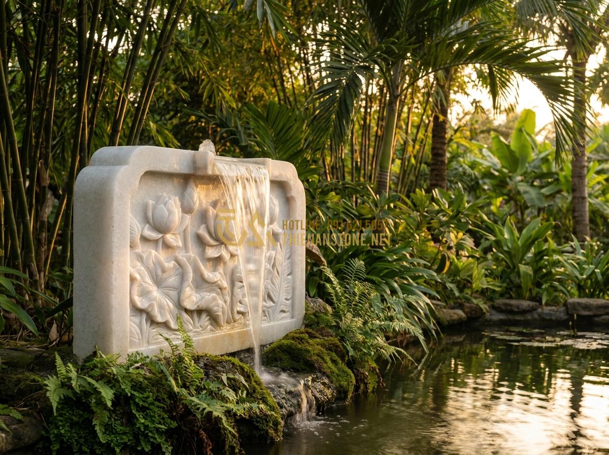 Tạo ảnh tiếng Anh: Professional high-resolution photograph of an elegant carved natural stone water fountain in a serene Vietnamese garden at sunset, with crystal clear water cascading gently over intricate floral carvings, surrounded by lush green tropical plants and soft golden light reflections, realistic style, cinematic lighting, ultra detailed