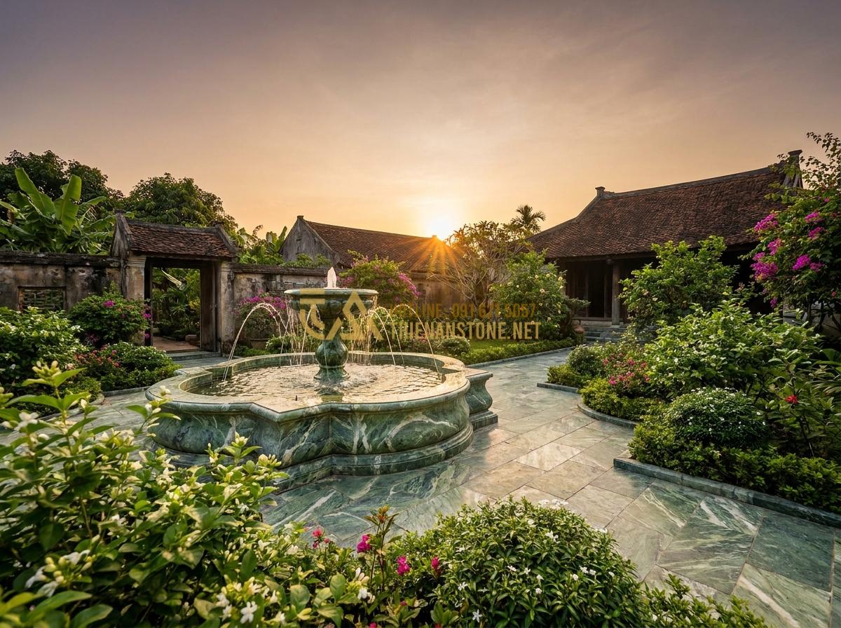 Tạo ảnh tiếng Anh: Serene wide-angle view of a large natural stone carved water fountain in a luxury villa courtyard during golden hour, water jets creating gentle sprays, surrounded by elegant stone pathways and flowering shrubs, photorealistic, professional landscape photography