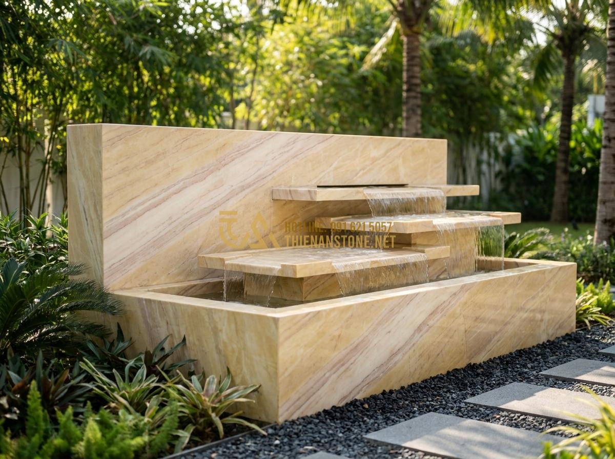 Tạo ảnh tiếng Anh: Artistic rendering of modern rectangular natural stone water fountain with multiple cascading levels in a contemporary minimalist garden, clean lines, black granite material, water flowing smoothly, high-end professional photo, sharp focus