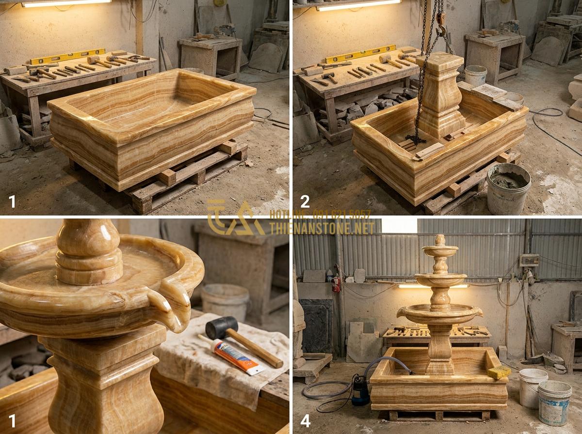 Tạo ảnh tiếng Anh: Detailed step-by-step installation process of a carved natural stone water fountain by skilled artisans in a workshop, tools visible, realistic documentary style photography, professional lighting