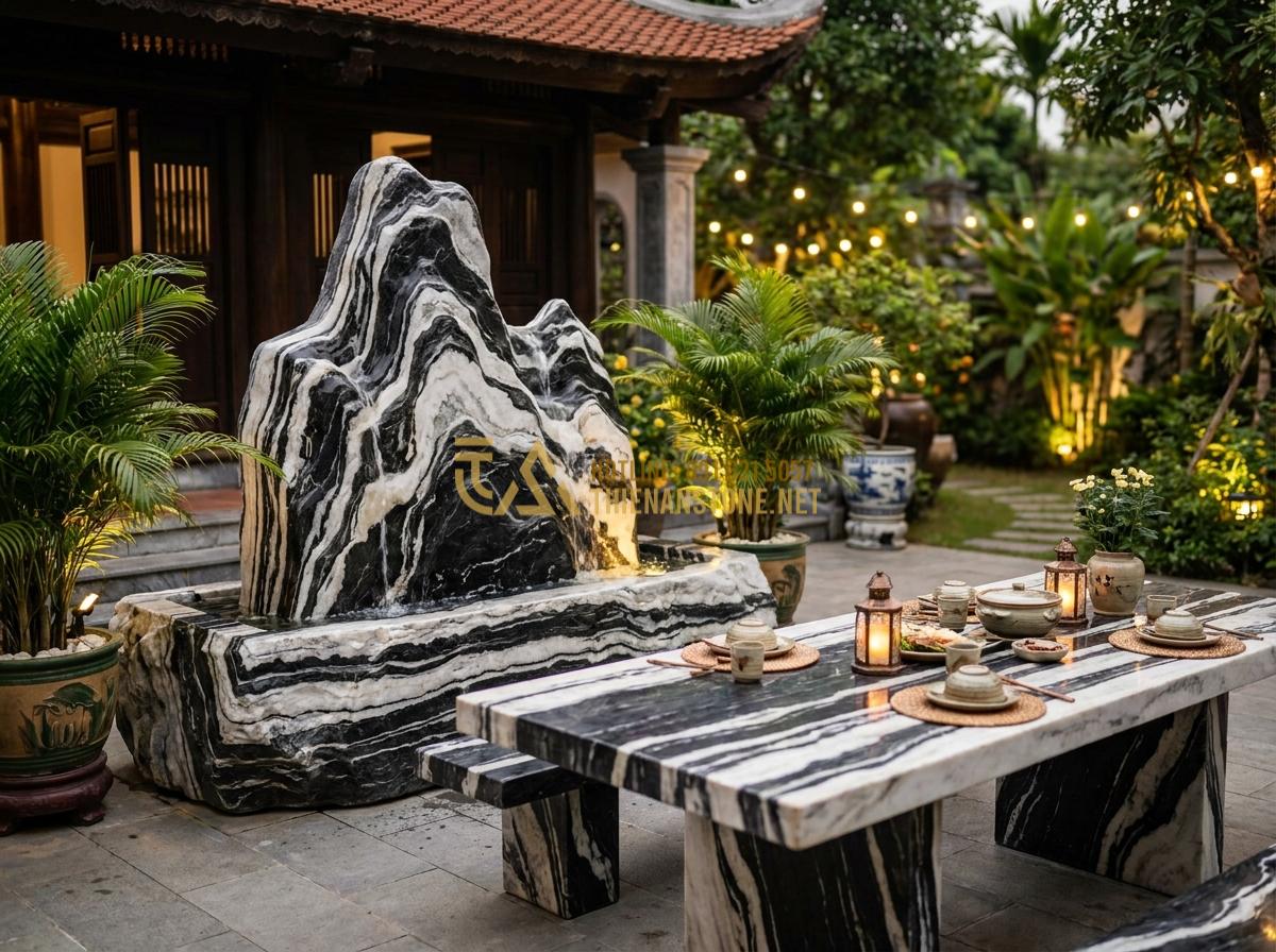 Tạo ảnh tiếng Anh: Luxury outdoor setting featuring a majestic natural stone carved water fountain next to elegant stone dining table in a Vietnamese villa garden, warm evening lights, realistic lifestyle photography, high resolution