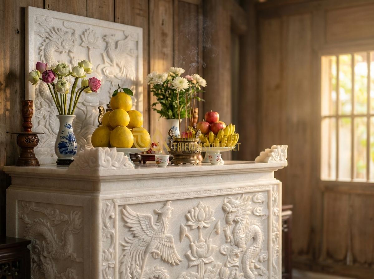 Create a professional high-resolution photograph of a traditional Vietnamese ancestral altar made entirely of natural stone, featuring intricate carvings, incense burning softly, fresh flowers and fruits arranged neatly, in a serene home setting with warm golden lighting, realistic photography style, high detail, emotional and spiritual atmosphere