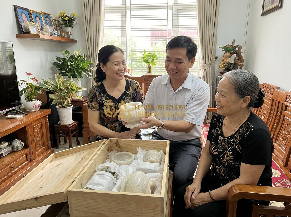 Create a customer testimonial style image with a real-looking Vietnamese family smiling while receiving their new stone worship items delivered at home, warm interaction, product visible in packaging, happy and satisfied atmosphere, realistic lifestyle photography