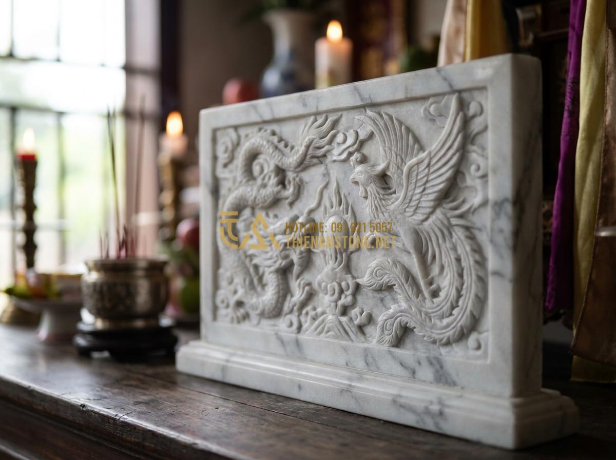 Create a detailed professional image showing close-up of intricate hand-carved dragon and phoenix motifs on a high-quality natural stone worship item, soft natural light highlighting the texture and depth of carvings, luxurious and sacred atmosphere, realistic 8k photography