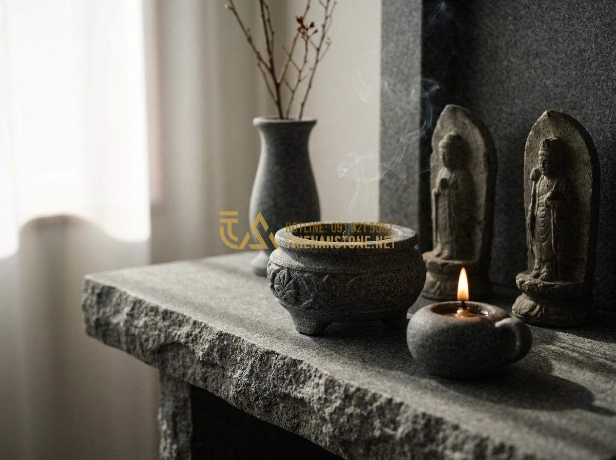 Create an elegant professional studio photograph of various stone worship items including incense burner, oil lamp, flower vase and small statues arranged on a stone altar, soft dramatic lighting, high-end product photography style, luxurious textures visible, sacred and serene mood