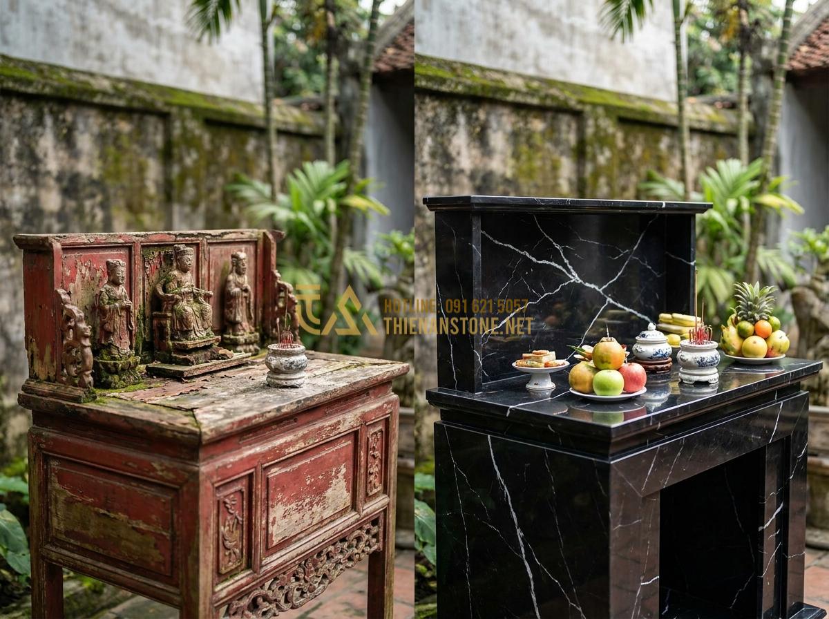 Create a realistic before-and-after image comparison showing the durability of natural stone worship items: one side weathered wood altar damaged by time, other side pristine stone altar after decades of use, side-by-side professional photography, emotional contrast, high resolution