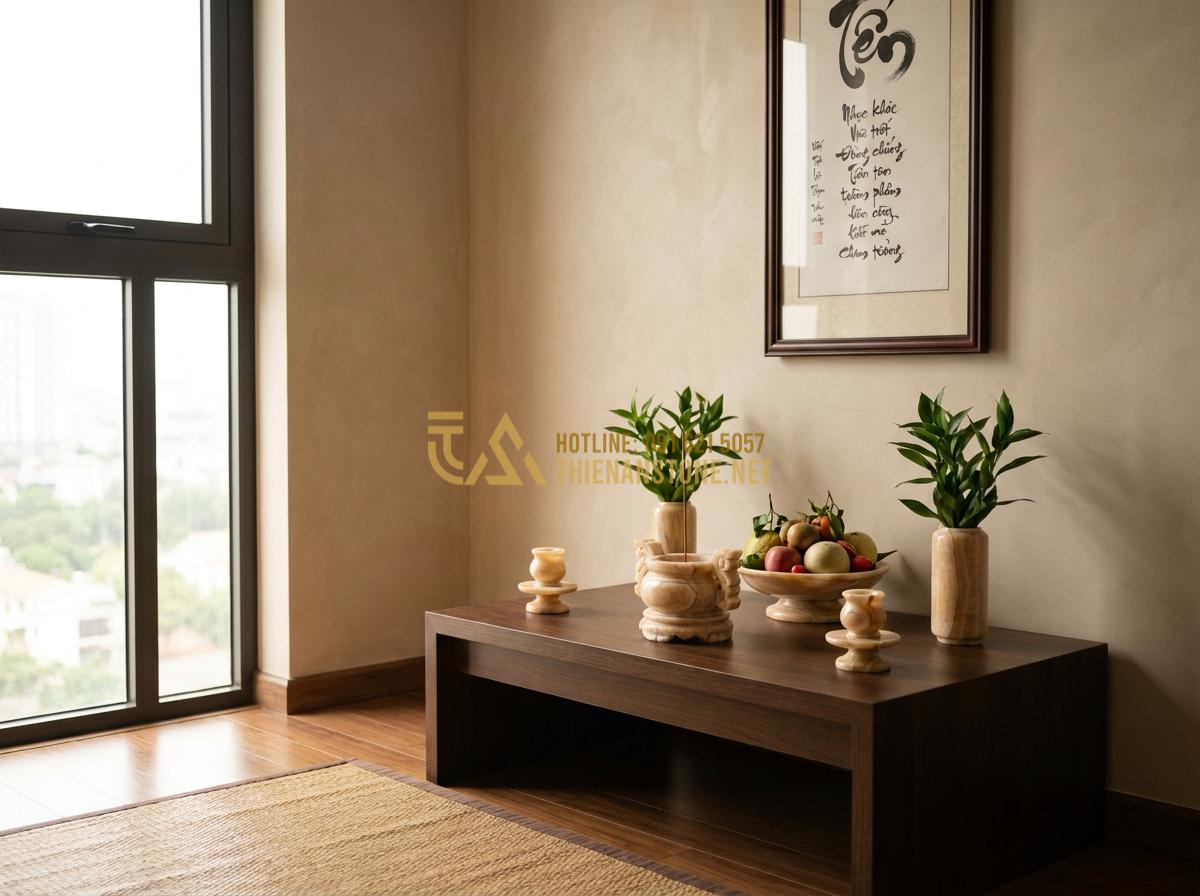 Create a professional interior design photograph of a modern Vietnamese home altar corner featuring stone worship items perfectly arranged according to Feng Shui principles, natural light streaming in, minimalist yet elegant style, high detail, warm tones