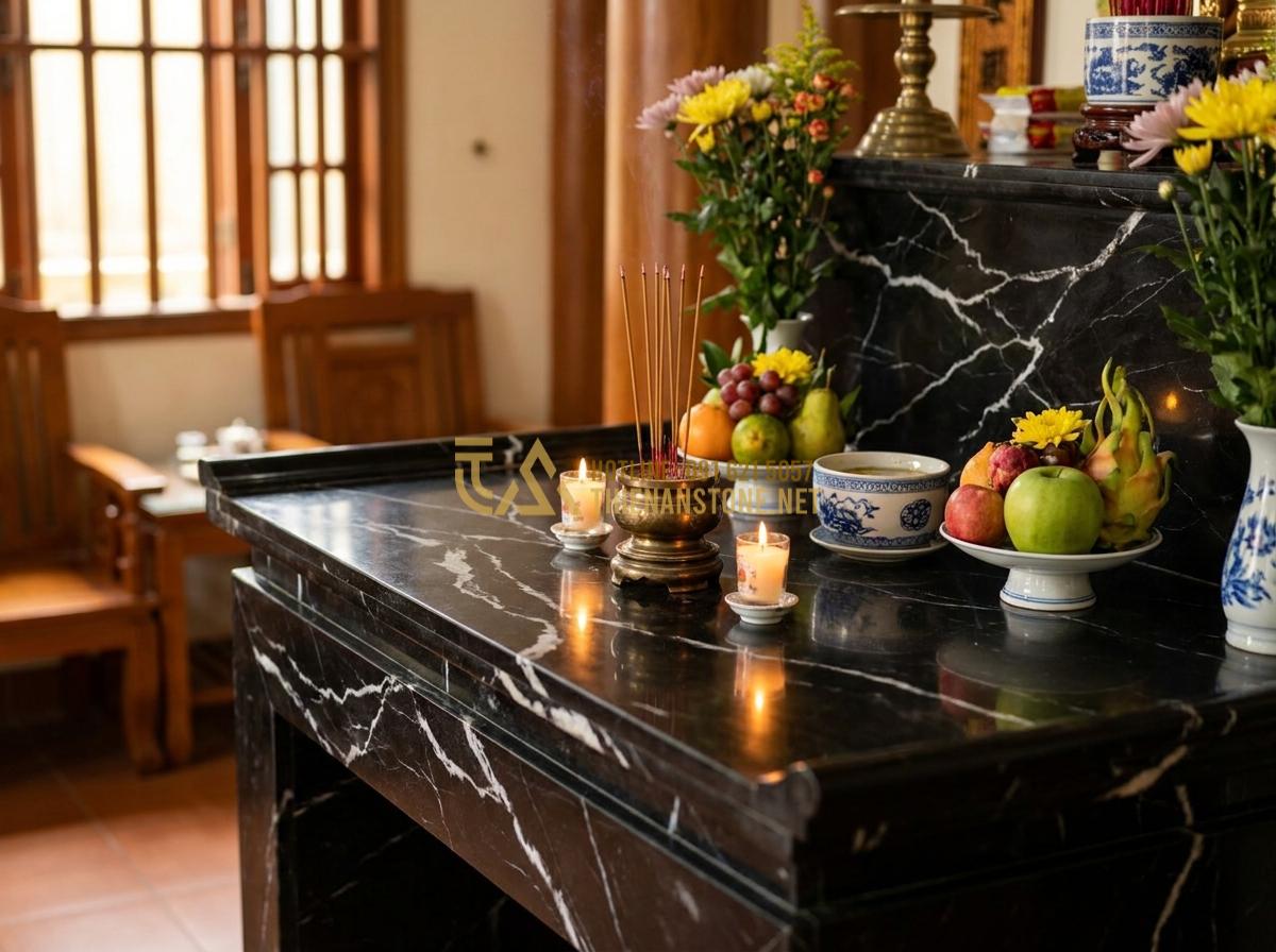 Create an emotional realistic photograph of a happy Vietnamese family of three generations gathered around a beautiful stone worship altar during a traditional ceremony, warm family atmosphere, candles and incense glowing, genuine smiles and respect, professional family portrait style