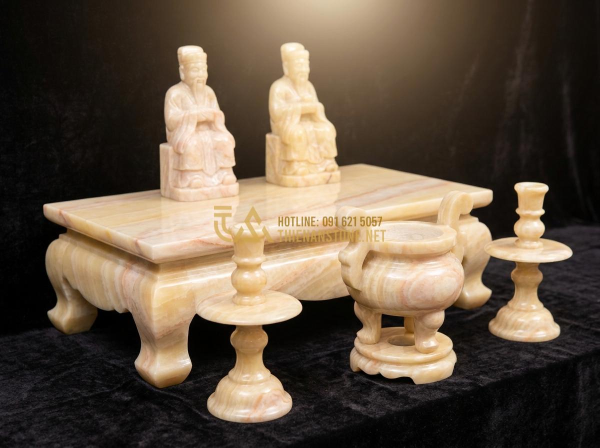 Create a luxurious product showcase image of a complete set of stone worship items including altar, statues, incense burner and candle holders, arranged elegantly on dark background with soft spotlight, high-end commercial photography, ultra detailed and premium feel
