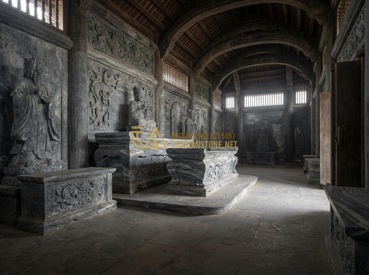 Create a wide-angle professional photograph of a large temple interior featuring massive stone worship items and altars, intricate ancient carvings, soft ambient light from windows, peaceful and majestic spiritual environment, high resolution architectural photography