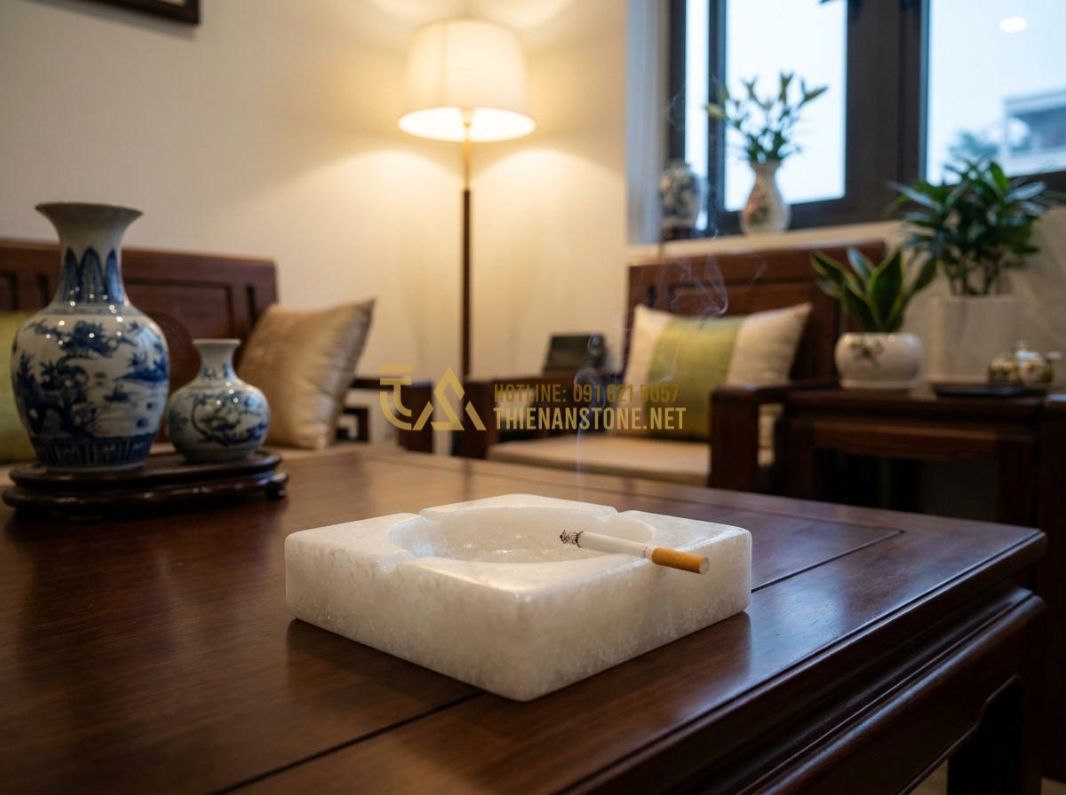 Tạo ảnh tiếng Anh: Professional high-resolution photograph of an elegant natural stone ashtray carved from premium granite, placed on a dark wooden coffee table in a cozy modern Vietnamese living room at dusk, soft warm lighting highlighting the natural stone veins and texture, a single lit cigarette resting in the tray with gentle smoke rising, luxurious and serene atmosphere, cinematic composition, 8k detail, realistic rendering