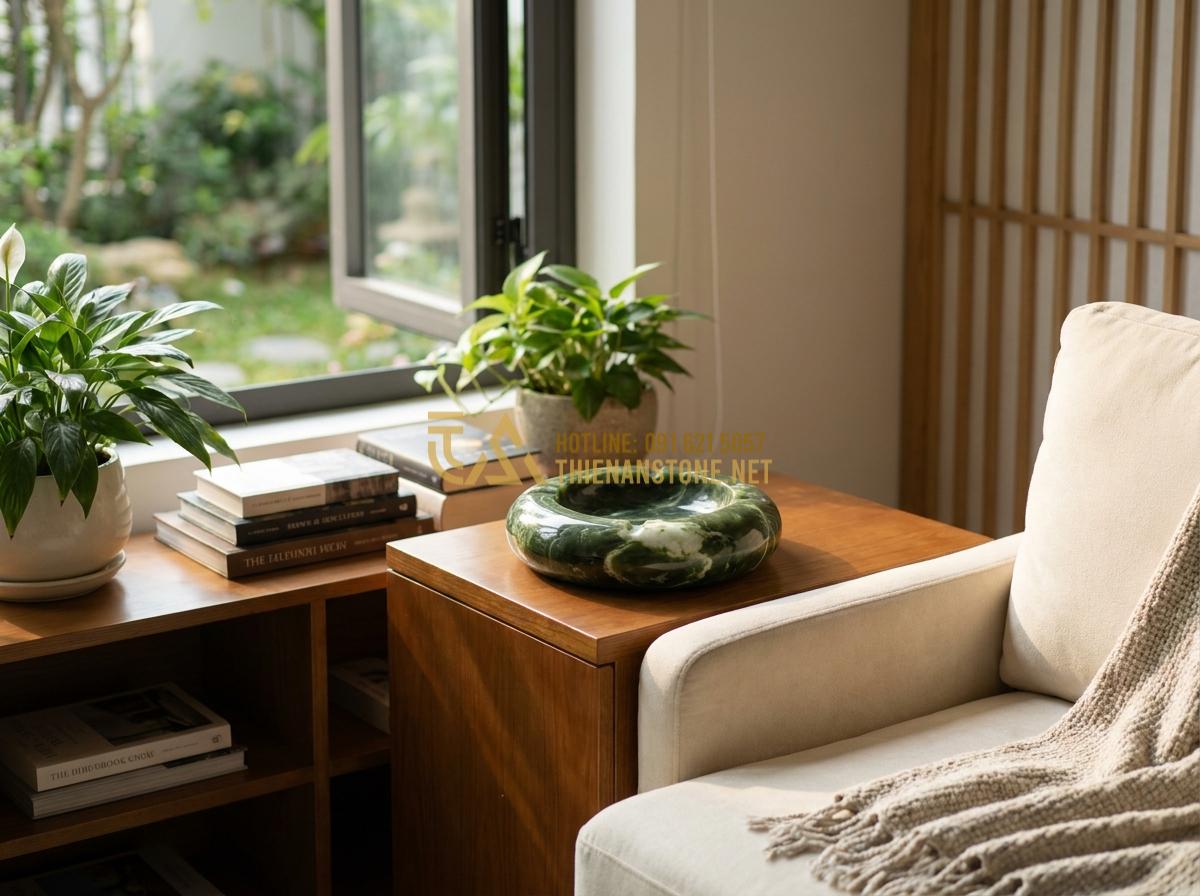 Tạo ảnh tiếng Anh: Lifestyle image showing a luxurious modern home interior with a beautiful stone ashtray on a side table next to a comfortable armchair, open window with natural daylight, books and plants around, serene and upscale living space, professional interior photography, warm inviting atmosphere, 8k ultra detailed