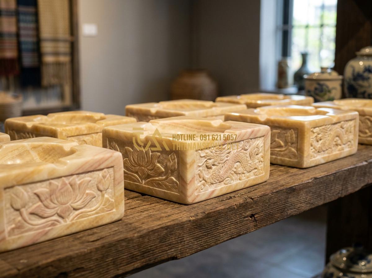 Tạo ảnh tiếng Anh: Artistic product display of multiple unique handcrafted stone ashtrays featuring intricate Vietnamese cultural carvings like lotus flowers and dragons on natural marble and granite, arranged on a rustic wooden shelf with soft spotlighting, elegant gallery exhibition style photography, high detail and vibrant colors