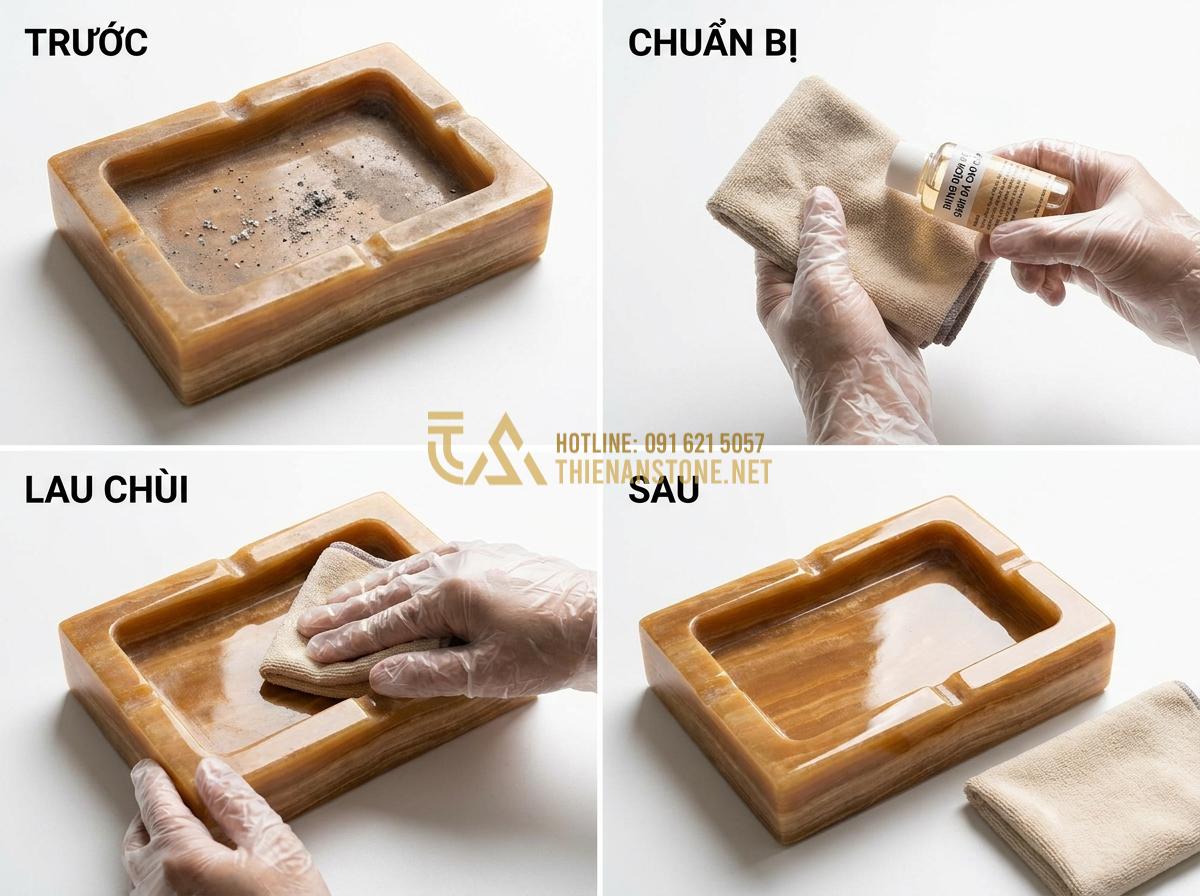 Tạo ảnh tiếng Anh: Step-by-step instructional image series showing how to clean and maintain a stone ashtray, before and after comparison with clean shiny surface, hands gently wiping with soft cloth, professional product care photography, clean white background, clear and detailed tutorial style