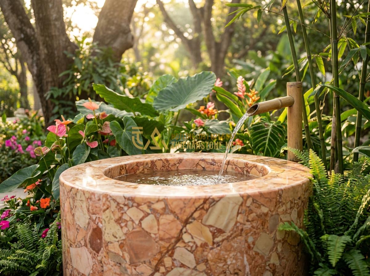 Tạo ảnh tiếng Anh: Professional high-resolution photograph of a serene traditional Vietnamese stone garden well crafted from natural granite with crystal clear flowing water, surrounded by lush green tropical plants, colorful flowers, bamboo and ancient trees in a peaceful backyard garden setting under soft golden morning sunlight, realistic detailed style, tranquil and luxurious atmosphere
