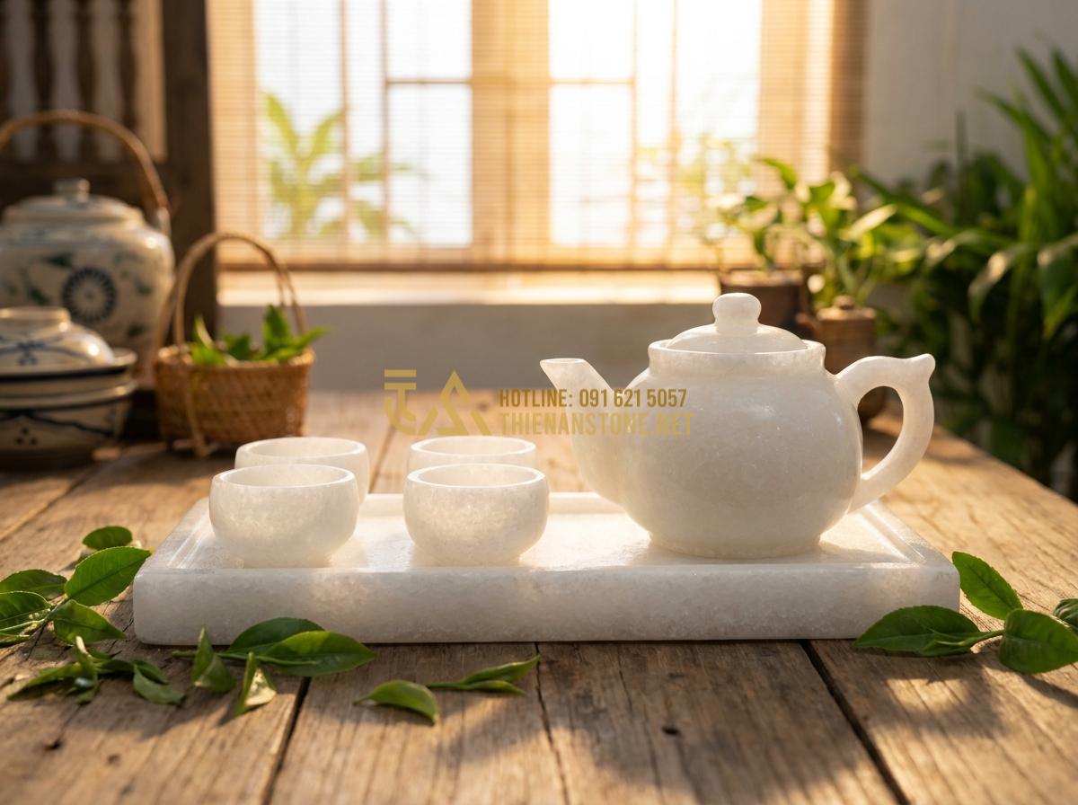 Create a professional, high-resolution image of a beautifully crafted natural stone teapot and teacups set on a matching stone tea tray, placed on a rustic wooden table with fresh green tea leaves scattered around, soft natural morning light filtering through, elegant Vietnamese cultural ambiance, detailed texture of the stone visible, photorealistic style, 8k quality, warm and inviting atmosphere