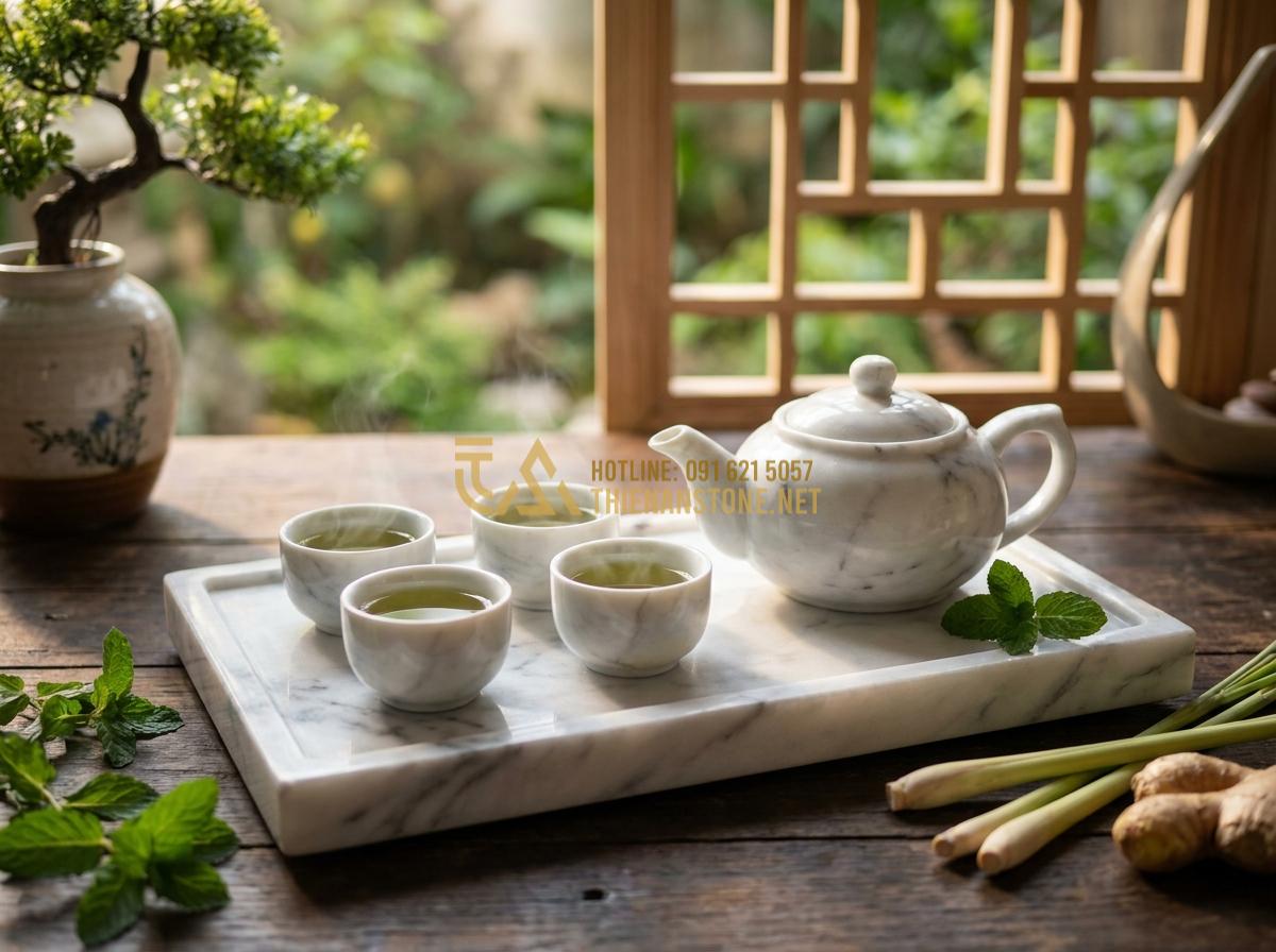 Create a professional, high-resolution image showing an elegant stone tea tray with intricate natural vein patterns, holding a stone teapot and several matching teacups filled with steaming aromatic green tea, surrounded by fresh herbs and a serene indoor setting with soft lighting, luxurious and minimalist Vietnamese style, photorealistic, ultra detailed, 8k resolution