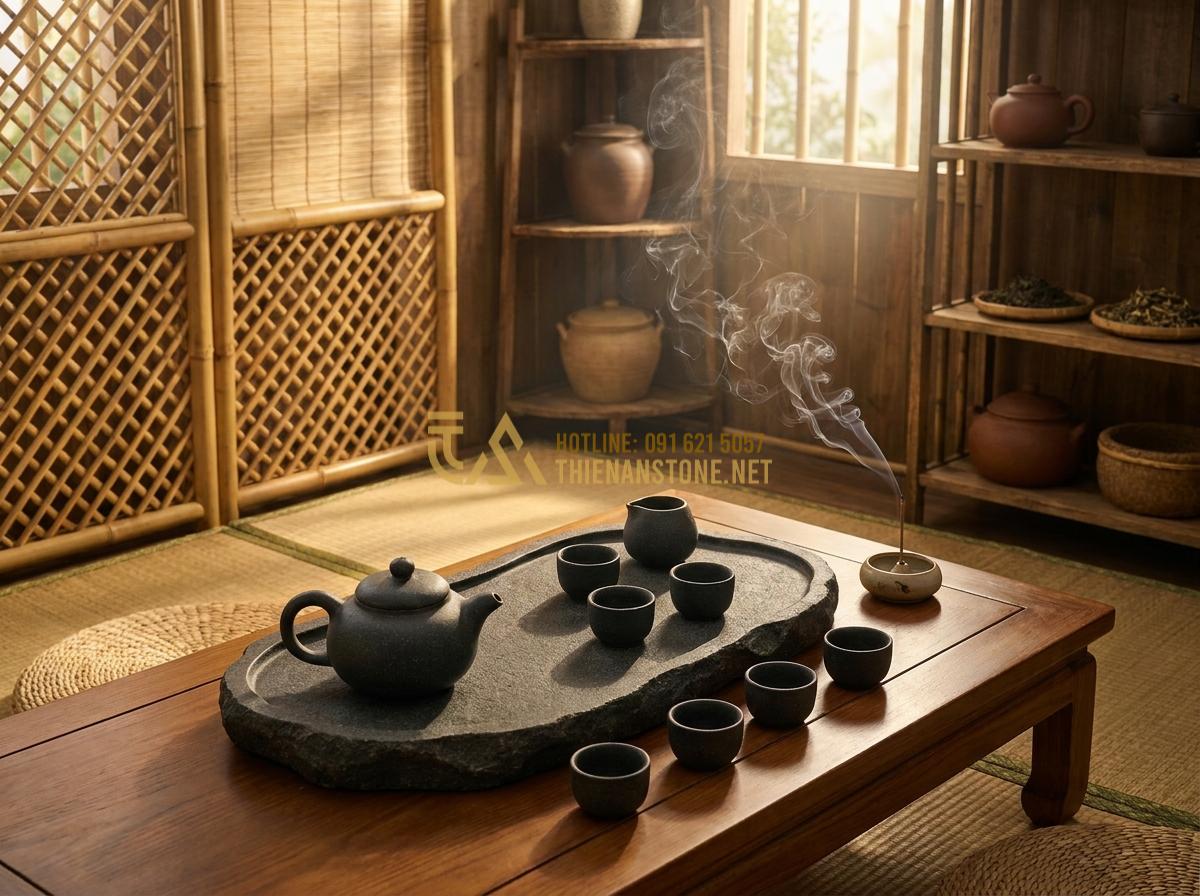 Create a professional, high-resolution image of a complete stone tea set including teapot, teacups, and large stone tray arranged artistically in a traditional Vietnamese tea room with bamboo elements, incense smoke gently rising, warm golden hour lighting, highly detailed stone textures, luxurious and peaceful mood, photorealistic 8k
