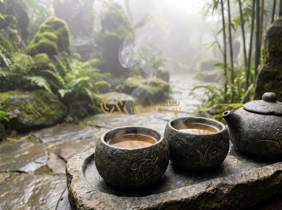Create a professional, high-resolution image featuring a close-up of natural stone teacups with intricate carvings, filled with clear tea, steam rising elegantly, placed beside a stone teapot on a matching tray in soft focus background of a peaceful garden with morning mist, ultra realistic, detailed mineral textures, cinematic lighting, 8k quality