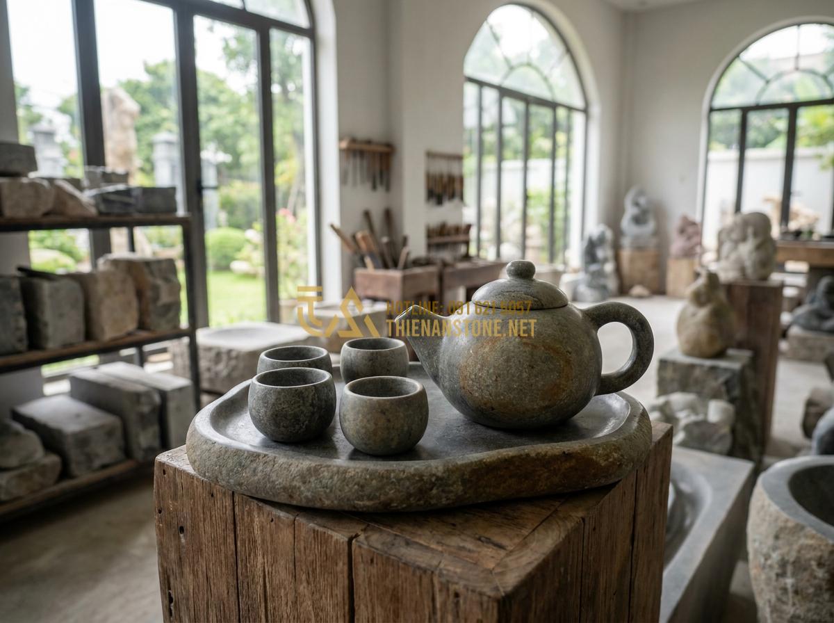 Create a professional, high-resolution image of an artisanal stone teapot set with matching cups and tray displayed in a luxurious showroom setting at a stone workshop in Vietnam, natural light from large windows, tools and raw stone blocks in background, sophisticated and authentic atmosphere, photorealistic detail, 8k quality