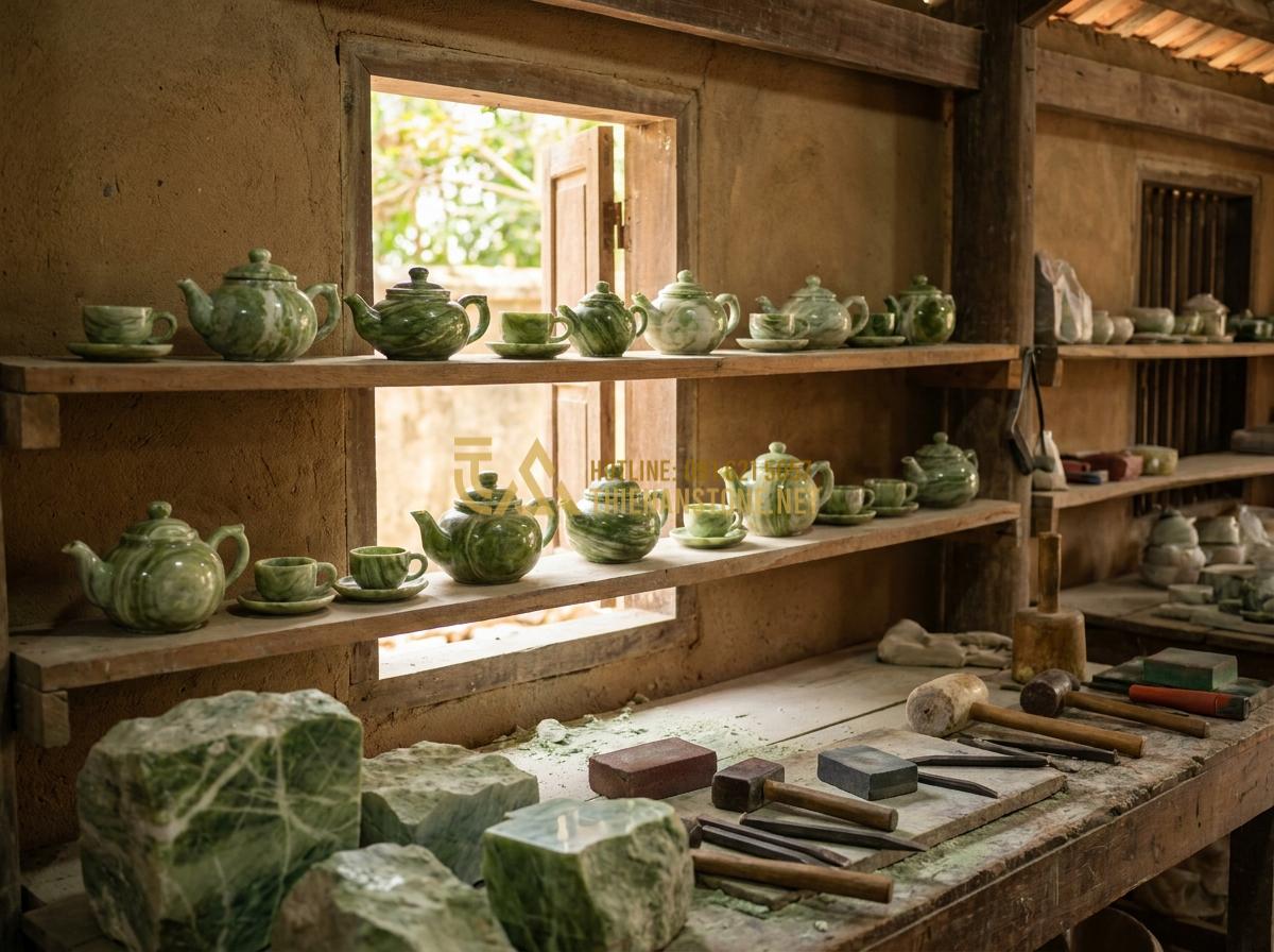 Create a professional, high-resolution image of various sizes of stone teapots and teacups displayed on shelves in a traditional Vietnamese stone craft workshop, warm workshop lighting, tools visible, raw stone materials in foreground, authentic and detailed craftsmanship scene, photorealistic, 8k ultra HD
