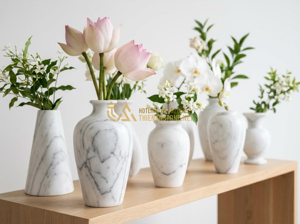 Tạo ảnh tiếng Anh: Professional studio photograph of various types of natural stone flower vases including white marble, black granite, and translucent onyx vases arranged elegantly on a display shelf, each with different fresh flower arrangements, clean white background, soft studio lighting highlighting the unique veins and textures of the stone, high detail, luxury product photography style, 8k resolution