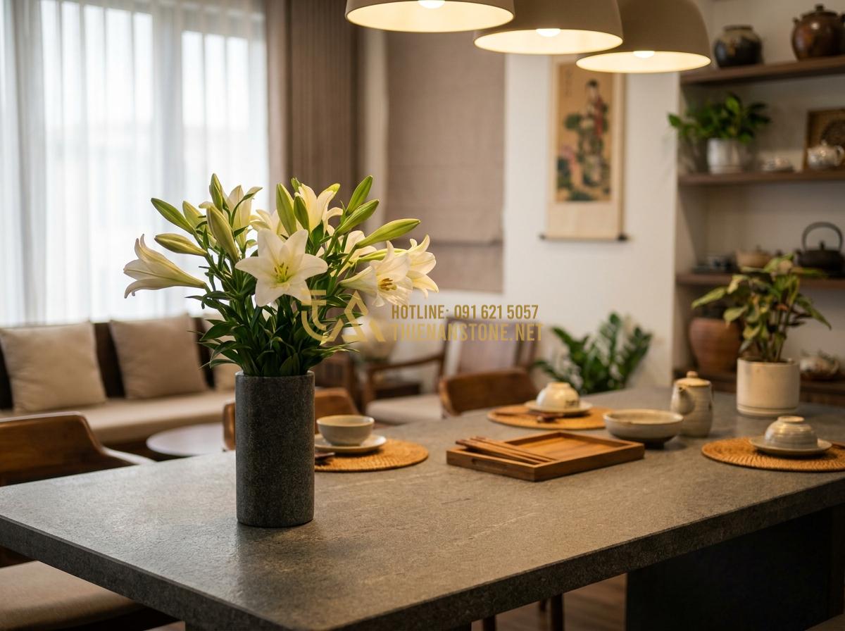 Tạo ảnh tiếng Anh: Realistic interior design photo showing a beautiful natural stone flower vase with white lilies placed on a modern stone dining table in a contemporary Vietnamese home interior, warm ambient lighting, cozy family atmosphere, high-end home decor style, detailed textures visible on stone surfaces
