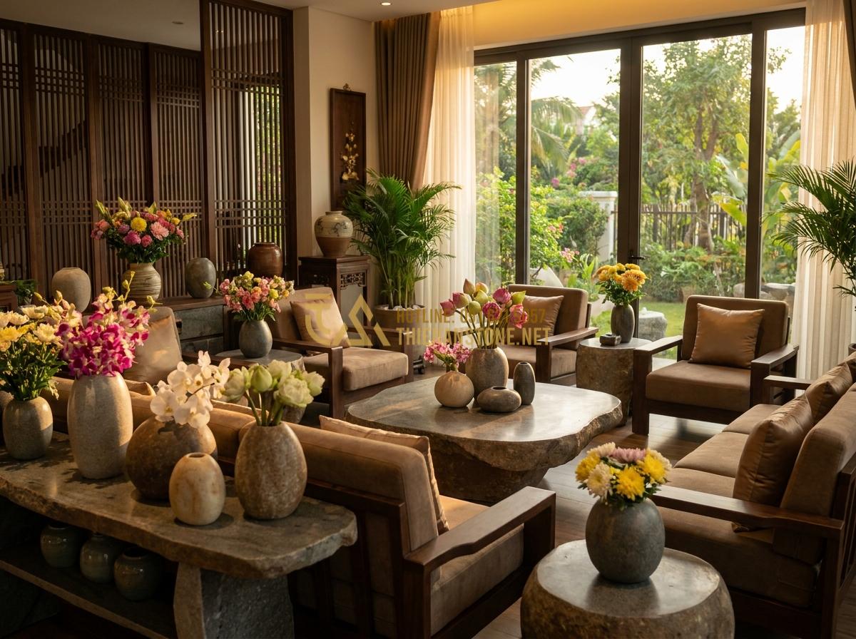 Tạo ảnh tiếng Anh: Wide angle professional photograph of a luxurious Vietnamese living room interior featuring multiple natural stone flower vases in different sizes and colors arranged with fresh flower bouquets, combined with stone furniture elements, warm evening lighting, inviting and elegant home decor atmosphere, photorealistic, ultra detailed