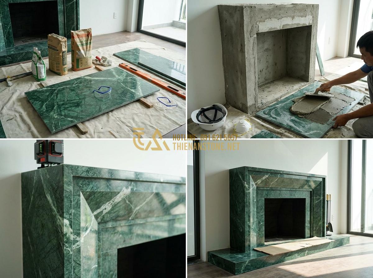 Tạo ảnh tiếng Anh: Step-by-step professional installation of natural stone fireplace by expert technicians, tools and safety equipment visible, clean modern home interior, realistic documentary style photography, high resolution