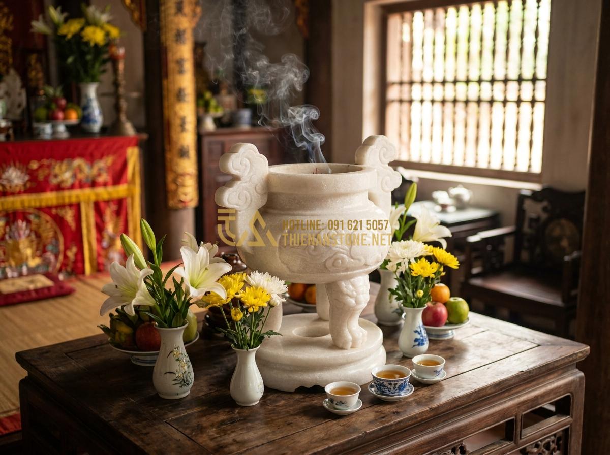 Tạo ảnh tiếng Anh: Professional high-resolution photo of an elegant natural stone incense burner (lư hương đá) carved from granite, placed on a traditional Vietnamese wooden altar with fresh flowers, incense smoke gently rising, soft warm lighting, realistic style, detailed texture of stone, serene spiritual atmosphere