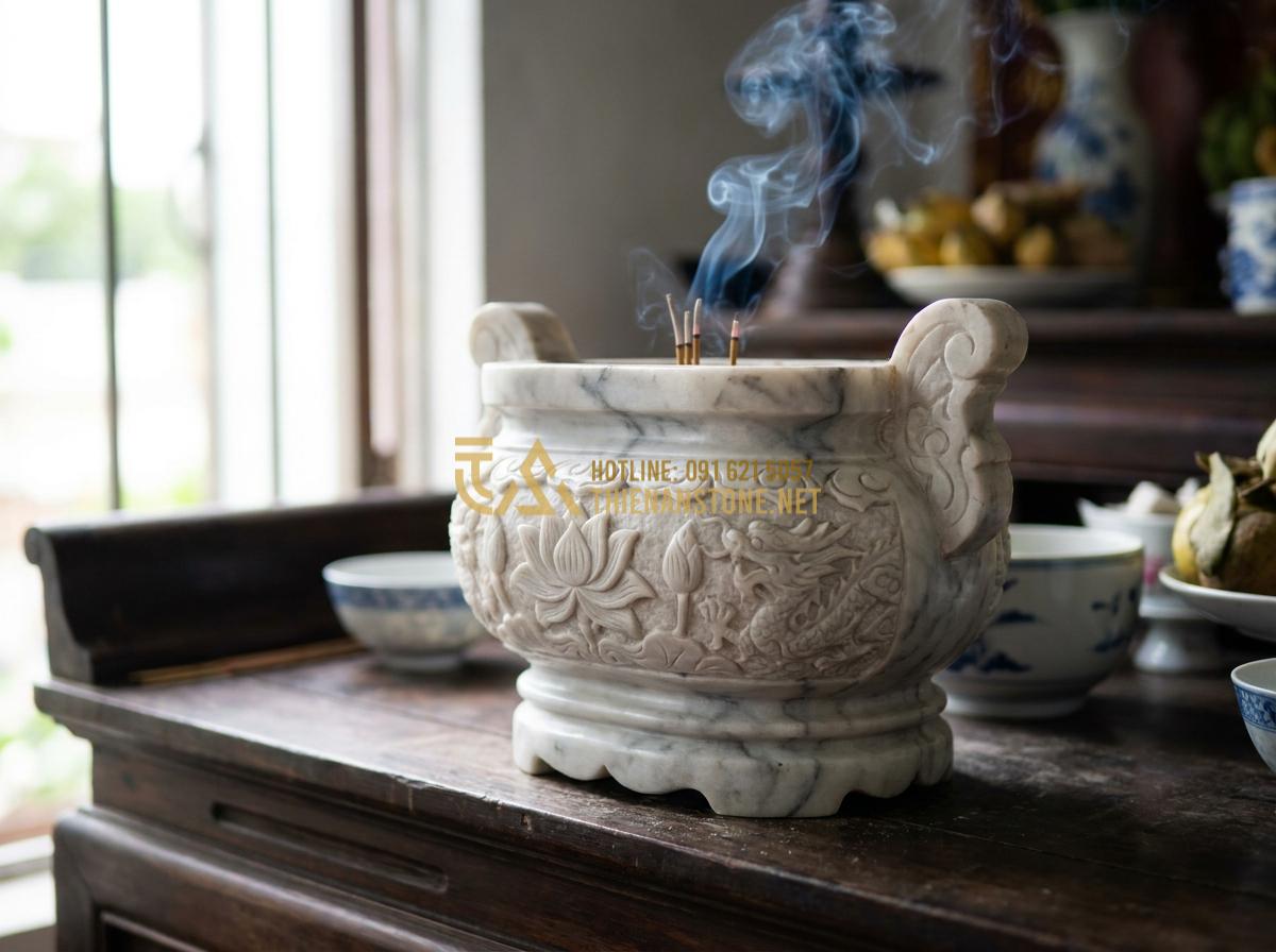 Tạo ảnh tiếng Anh: Close-up professional image of a high-quality natural stone incense burner made from marble, showing detailed carvings of traditional Vietnamese motifs, placed on altar with burning incense sticks, realistic lighting, sharp focus on stone texture and smoke details, elegant and spiritual mood