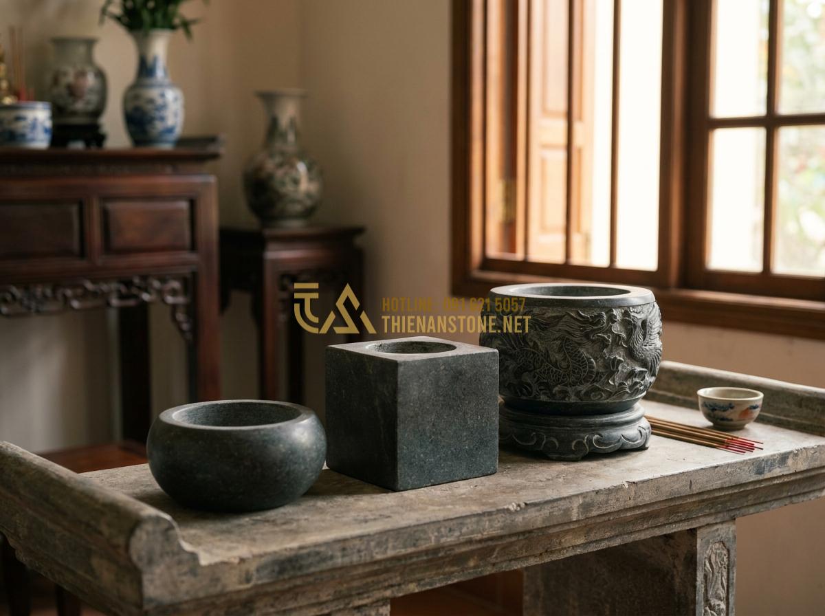 Tạo ảnh tiếng Anh: Realistic professional photography of various types of stone incense burners including round, square and dragon-phoenix carved designs, displayed neatly on a stone altar in a traditional Vietnamese home, natural daylight, high detail, warm tones, spiritual and elegant atmosphere