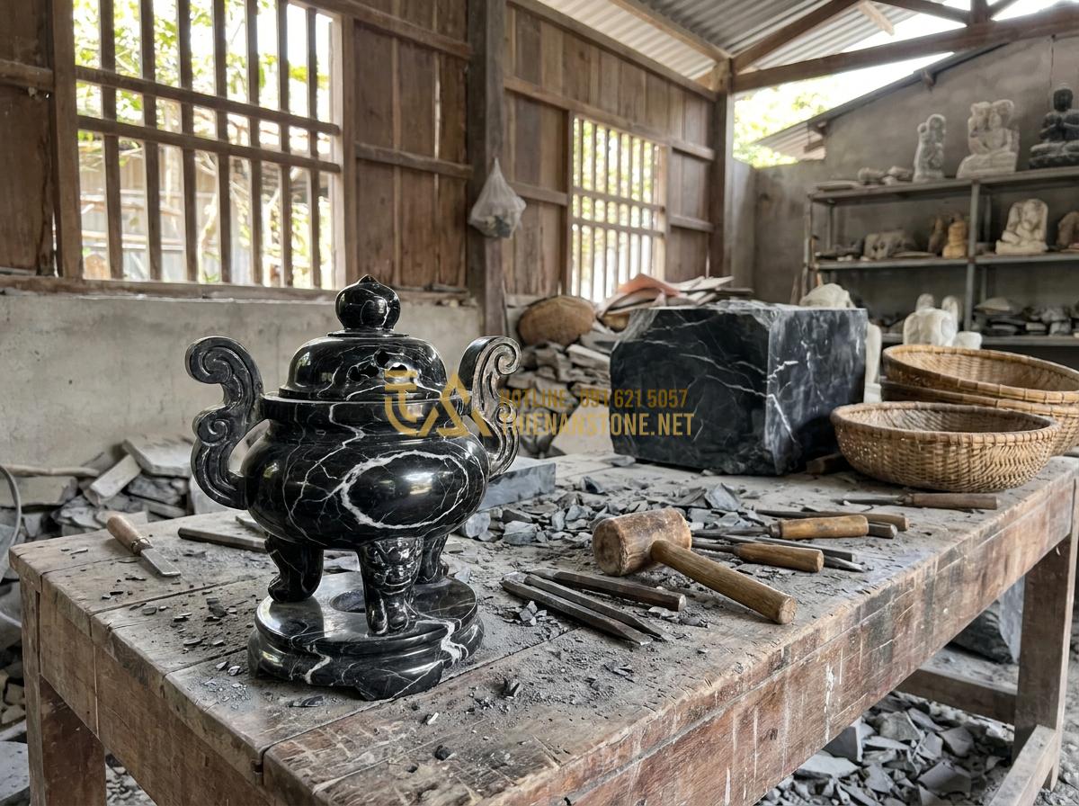 Tạo ảnh tiếng Anh: Behind-the-scenes professional image of skilled Vietnamese artisans hand-carving a stone incense burner at a traditional stone workshop, tools visible, detailed stone work in progress, natural workshop lighting, realistic and authentic atmosphere showing craftsmanship