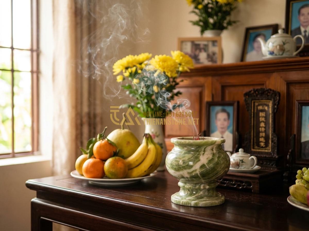 Tạo ảnh tiếng Anh: Professional lifestyle photo showing a Vietnamese family using a stone incense burner during a traditional ancestor worship ceremony at home, warm family atmosphere, incense smoke, flowers and fruits on altar, realistic and emotional scene