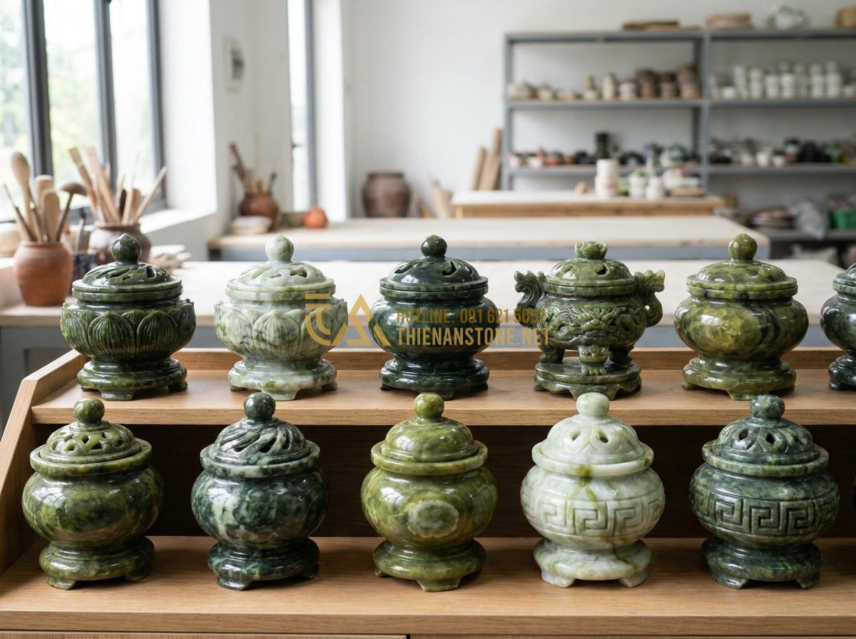 Tạo ảnh tiếng Anh: High-quality product showcase of multiple finished stone incense burners in different designs neatly arranged in a professional workshop display, bright lighting, clean background, emphasizing natural stone beauty and craftsmanship details