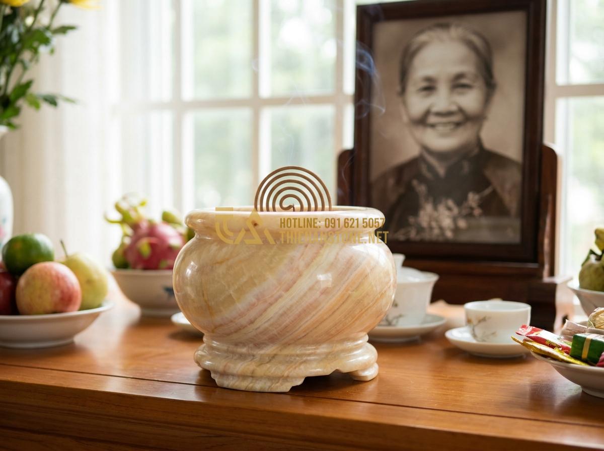Tạo ảnh tiếng Anh: Emotional professional portrait of an elderly Vietnamese grandmother lighting incense in a beautiful stone incense burner on her home altar, gentle smile, soft natural light, conveying peace, tradition and family love, realistic style