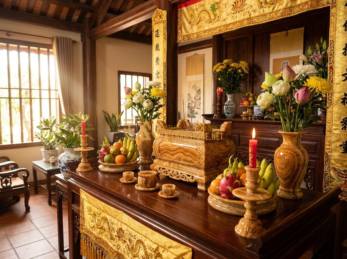 Tạo ảnh tiếng Anh: Wide angle professional shot of a complete traditional Vietnamese ancestral altar featuring a central stone incense burner surrounded by other stone worship items, fruits, flowers, candles, very detailed, warm inviting spiritual home interior, high resolution
