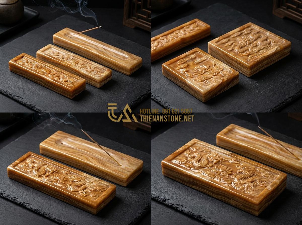 Tạo ảnh tiếng Anh: Artistic product photography collection of custom-designed stone incense burners with various sizes and intricate patterns, displayed on dark background, studio lighting, luxury feel, sharp details on stone surface